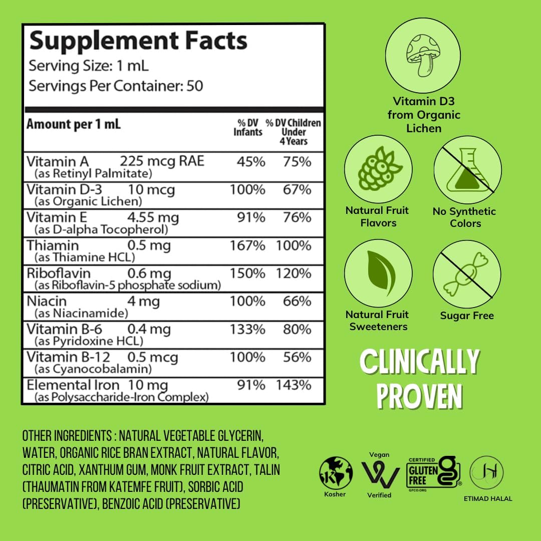 Organic Vegan Multivitamin with Iron for Kids | Immune Support | Plant-Based D-3 | Gluten-Free | Vegan Verified | Sugar-Free | 1.69 Fl Oz
