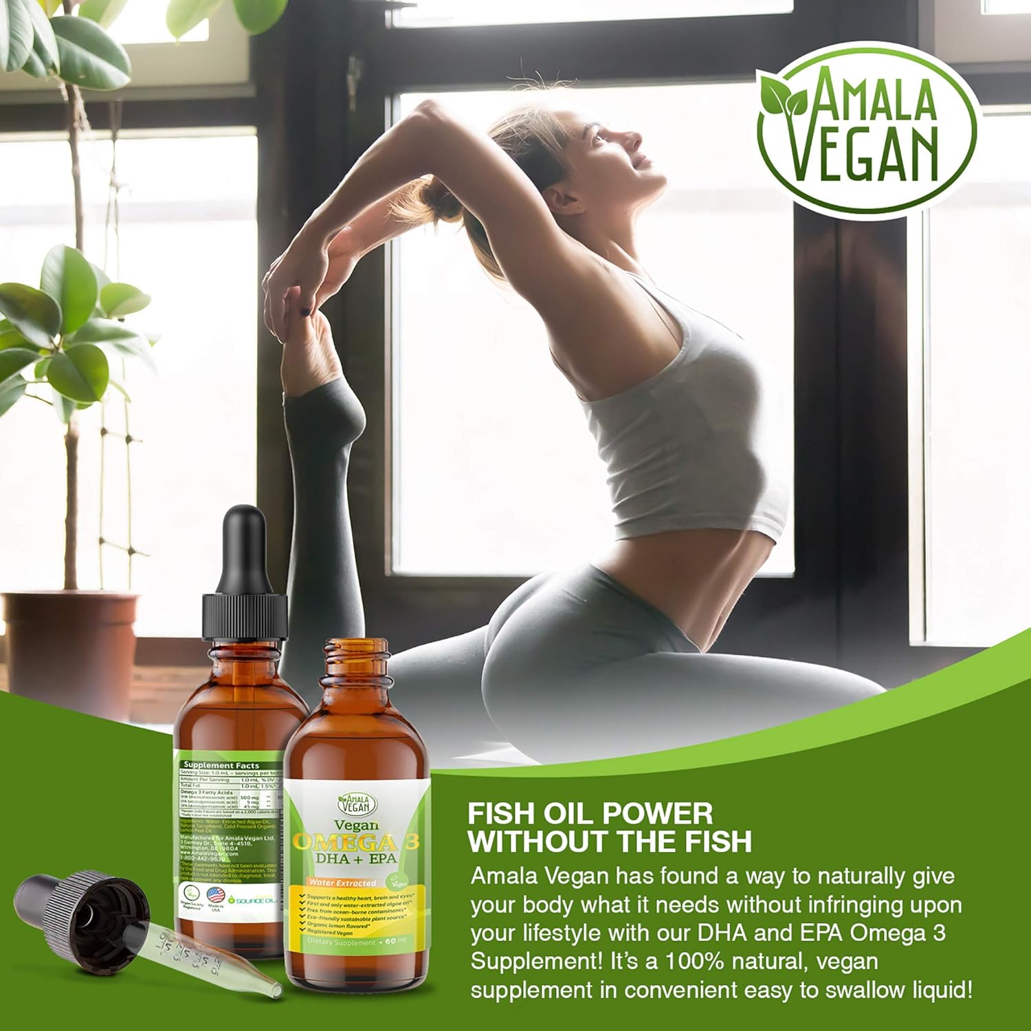 Organic Vegan Omega 3 Liquid Supplement with Algae Oil for Immune, Heart, Brain & Joint Health - Non GMO - 60 Doses