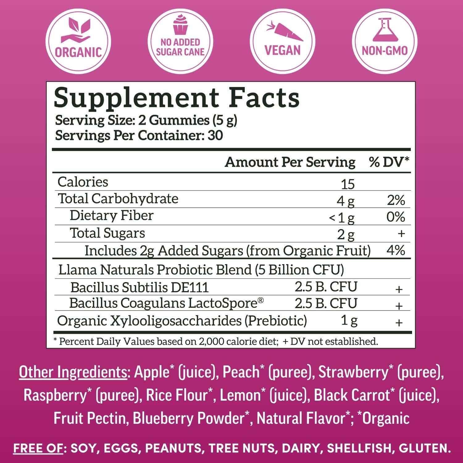 Organic Vegan Prebiotic & Probiotic Gummies for Adults | Llama Naturals Mixed Berry Synbiotics | Gut Health Support | 5B CFU, 60 ct