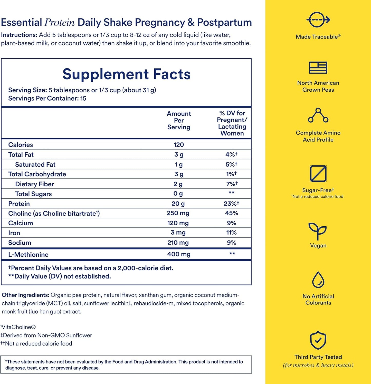 Organic Vegan Prenatal Protein Powder with Choline for Pregnancy & Postpartum, 20g Pea Protein, USA Farms, Vanilla, 1 Lbs