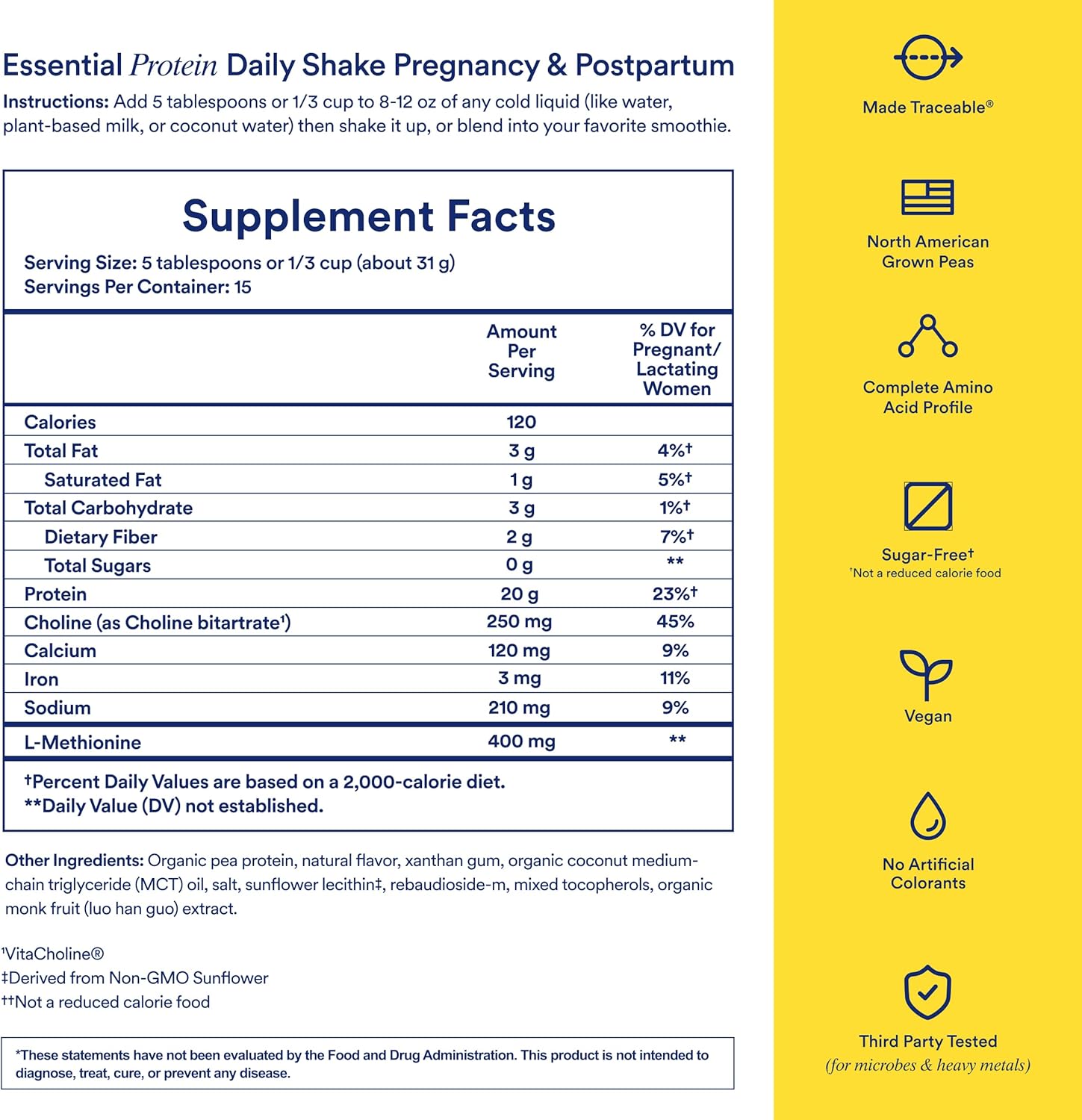 Organic Vegan Prenatal Protein Powder with Choline for Pregnancy & Postpartum, 20g Pea Protein, USA Farms, Vanilla, 1 Lbs
