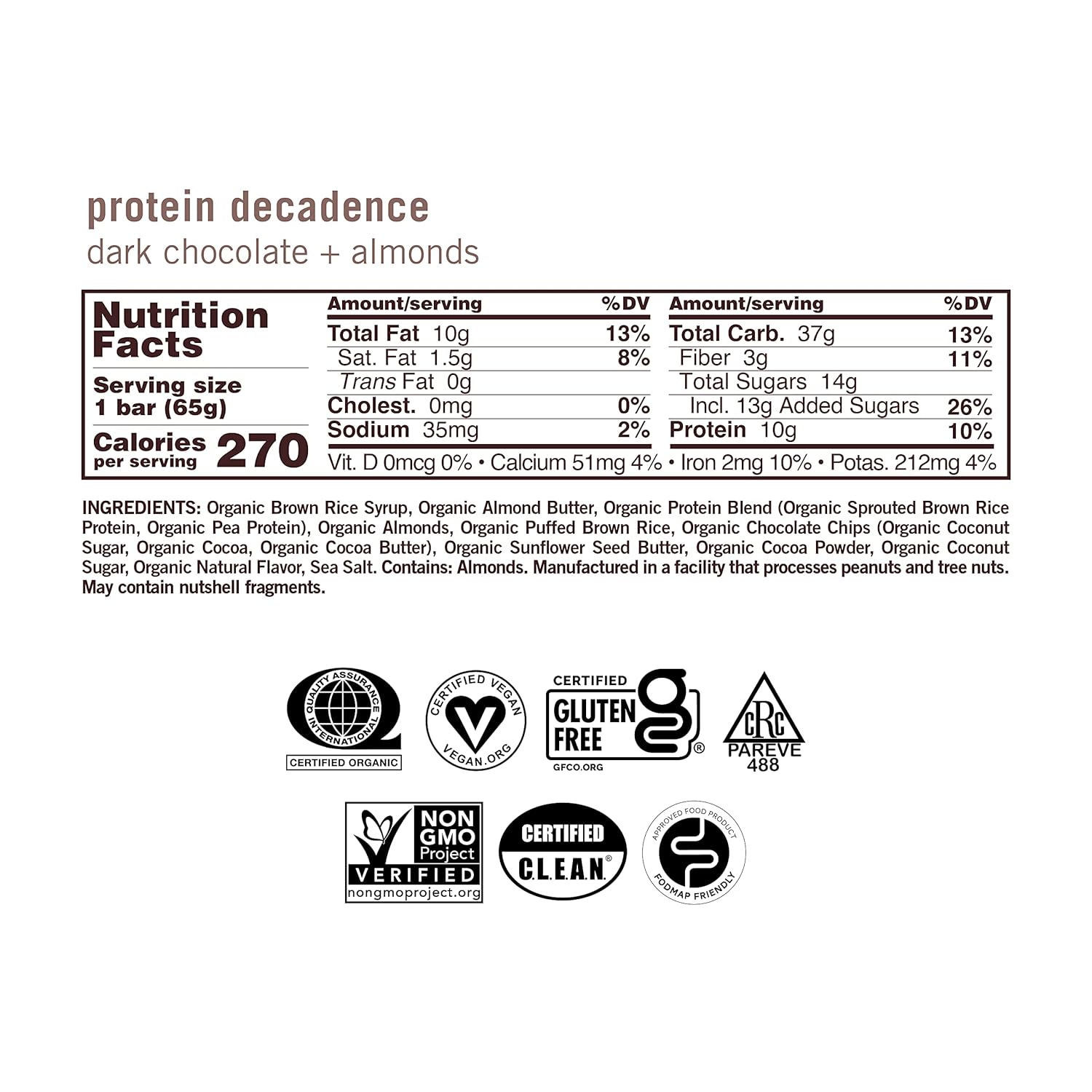 Organic Vegan Protein Bars - Dark Chocolate + Almonds (12 Count, 2.3 oz Bars) by GoMacro