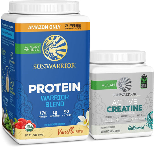 Organic Vegan Protein Powder & Creatine Monohydrate Combo | Vanilla & Unflavored, 60 & 32 Servings