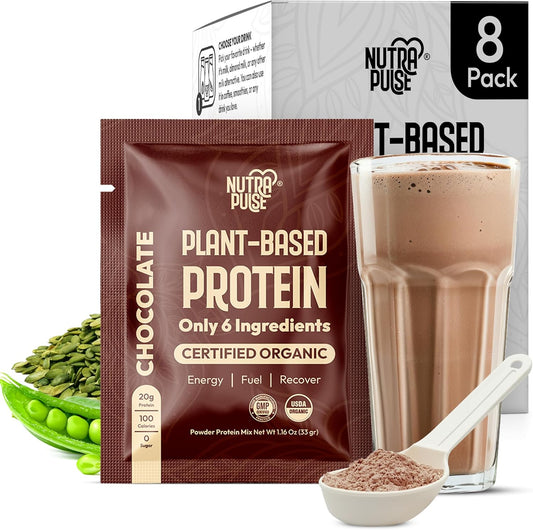Organic Vegan Protein Powder Sample Pack - Plant-Based & Gluten-Free, Non GMO, 20g Protein Per Serving, Ideal for Smoothies & Shakes - Chocolate Flavor, 8-Pack