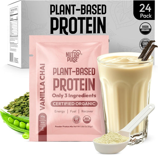 Organic Vegan Protein Powder Sample Pack - Plant-Based & Gluten-Free with 20g Protein Per Serving - Ideal for Smoothies & Shakes - Vanilla Chai Flavor, Pack of 24