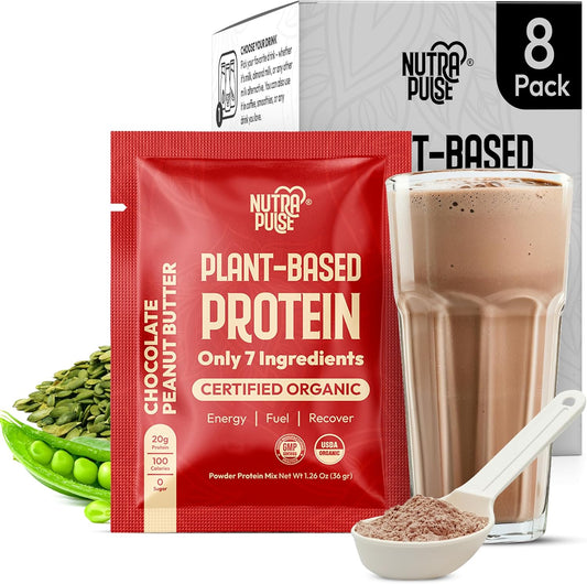 Organic Vegan Protein Powder Sample Pack - Plant-Based & Gluten-Free, Non GMO, 20g Protein Per Serving, Ideal for Smoothies & Shakes - Chocolate Peanut Butter, Pack of 8