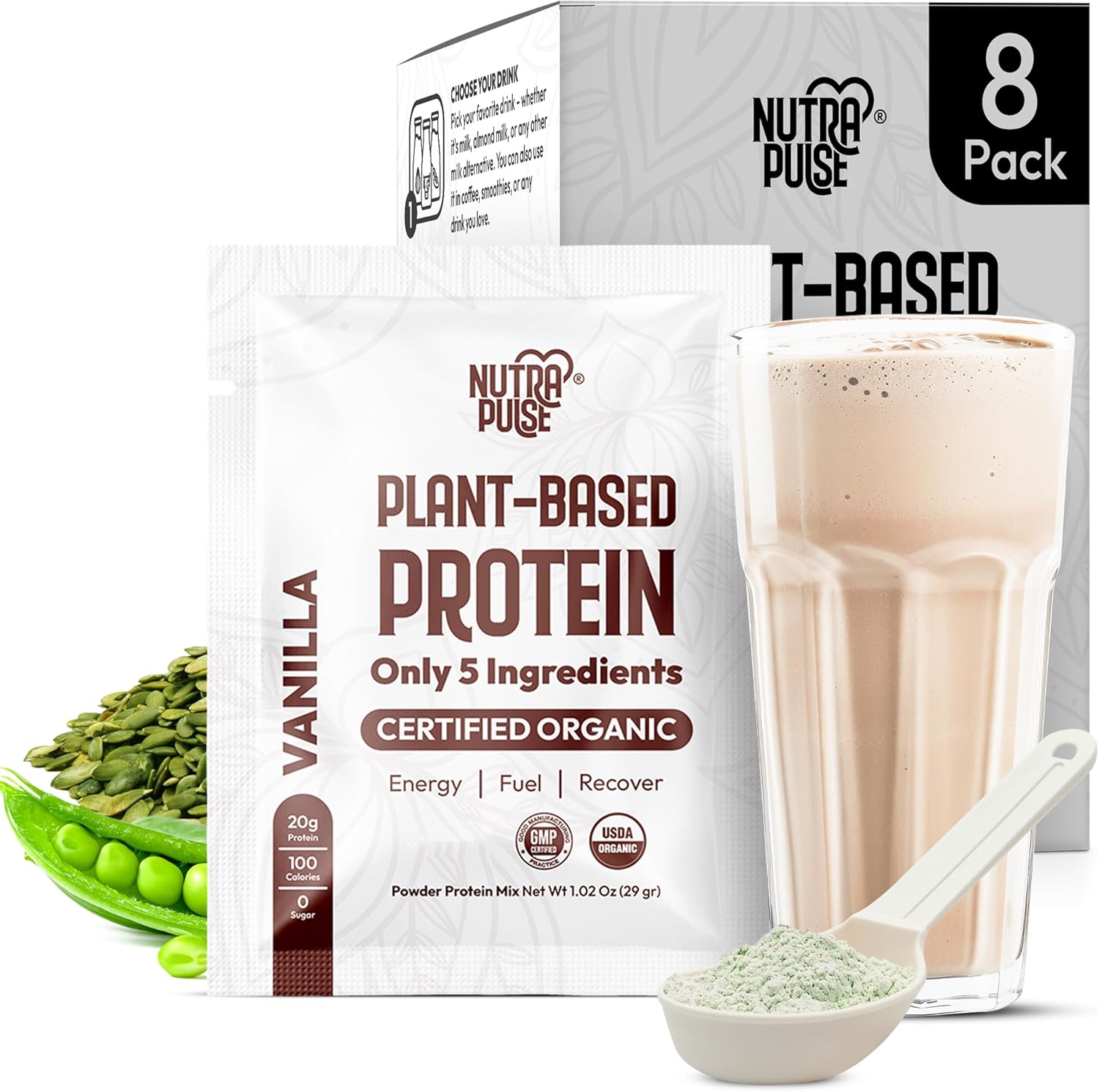 Organic Vegan Protein Powder Sample Pack - Plant-Based, Non GMO, 20g Protein - Vanilla Flavor, Pack of 8 - Ideal for Smoothies & Shakes