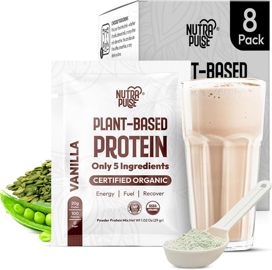 Organic Vegan Protein Powder Sample Pack - Plant-Based, Non GMO, 20g Protein - Vanilla Flavor, Pack of 8 - Ideal for Smoothies & Shakes