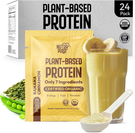 Organic Vegan Protein Powder Sample Pack - Plant-Based & Gluten-Free with 20g Protein Per Serving (Banana Cinnamon, Pack of 24)