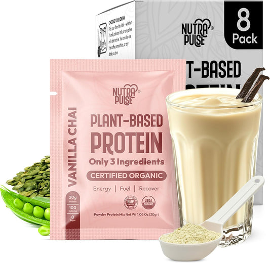 Organic Vegan Protein Powder Sample Pack - Plant-Based, Gluten-Free, Non GMO, 20g Protein Per Serving - Vanilla Chai, Pack of 8 - Ideal for Smoothies & Shakes