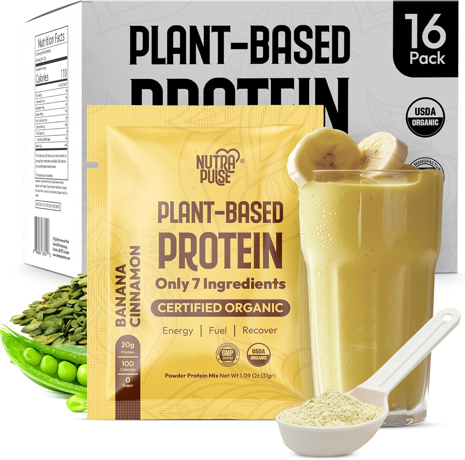 Organic Vegan Protein Powder Sample Pack - Plant-Based, 20g Protein Per Serving, Gluten-Free, Non GMO - Banana Cinnamon Flavor - 16 Pack