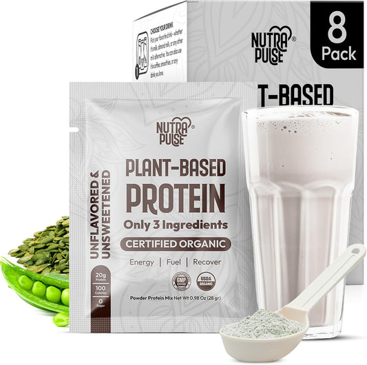Organic Vegan Protein Powder Sample Pack - Plant-Based & Gluten-Free with 20g Protein per Serving, Ideal for Smoothies & Shakes (Unflavored, Pack of 8)