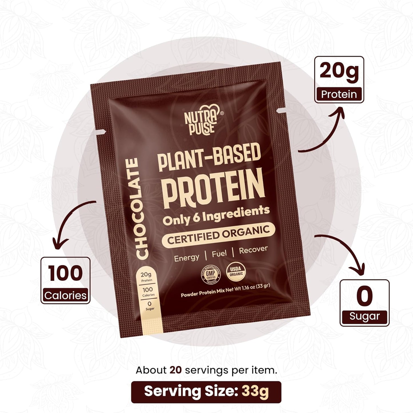 Organic Vegan Protein Powder Sample Pack - Plant-Based, Gluten-Free, Non GMO, 20g Protein, Chocolate, 24 Pack