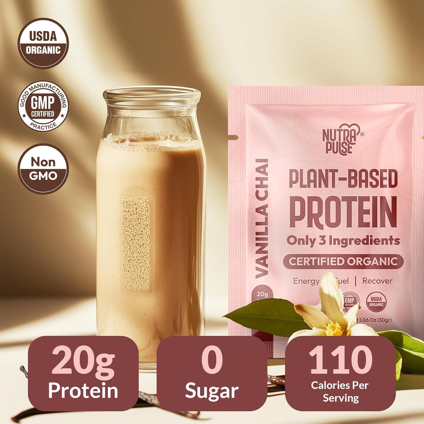 Organic Vegan Protein Powder Sample Pack - Plant-Based & Gluten-Free with 20g Protein Per Serving - Ideal for Smoothies & Shakes - Vanilla Chai Flavor, Pack of 24