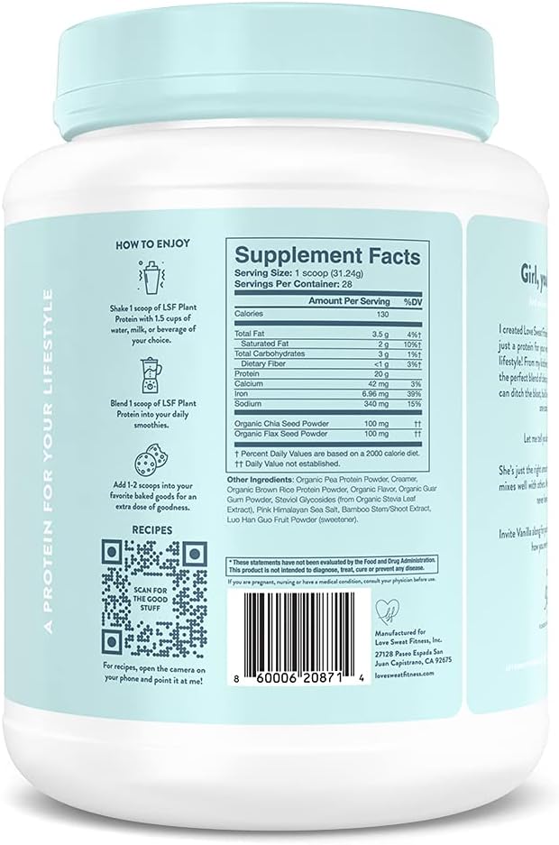 Organic Vegan Protein Powder Vanilla - 28 Servings, 20g Protein, No Sugar, Gluten Free, Non-GMO - Love Sweat Fitness
