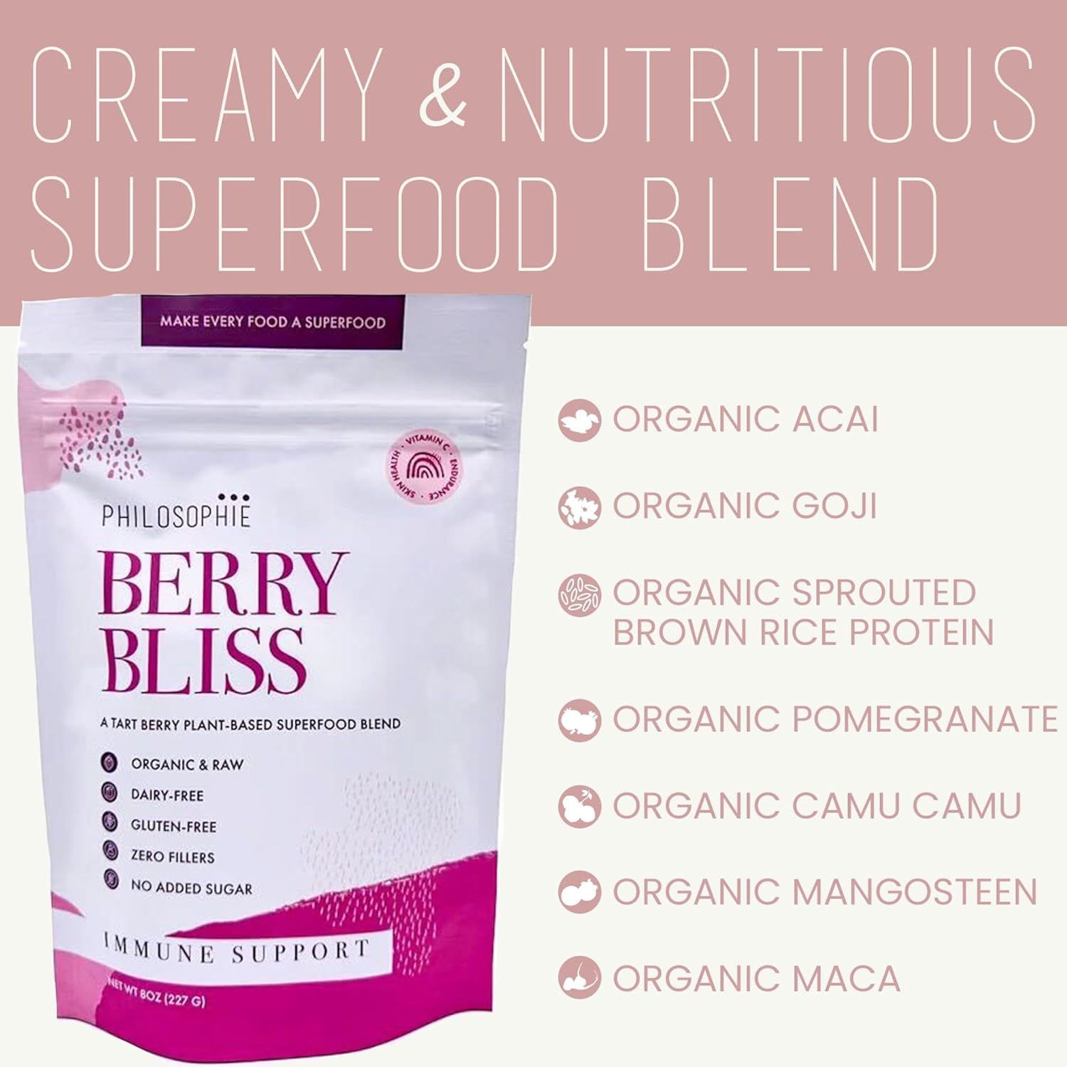 Organic Vegan Protein Powder with Rice Protein, Maca Root & Acai Berry - Dairy Free Superfood Blend Without Artificial Sweeteners