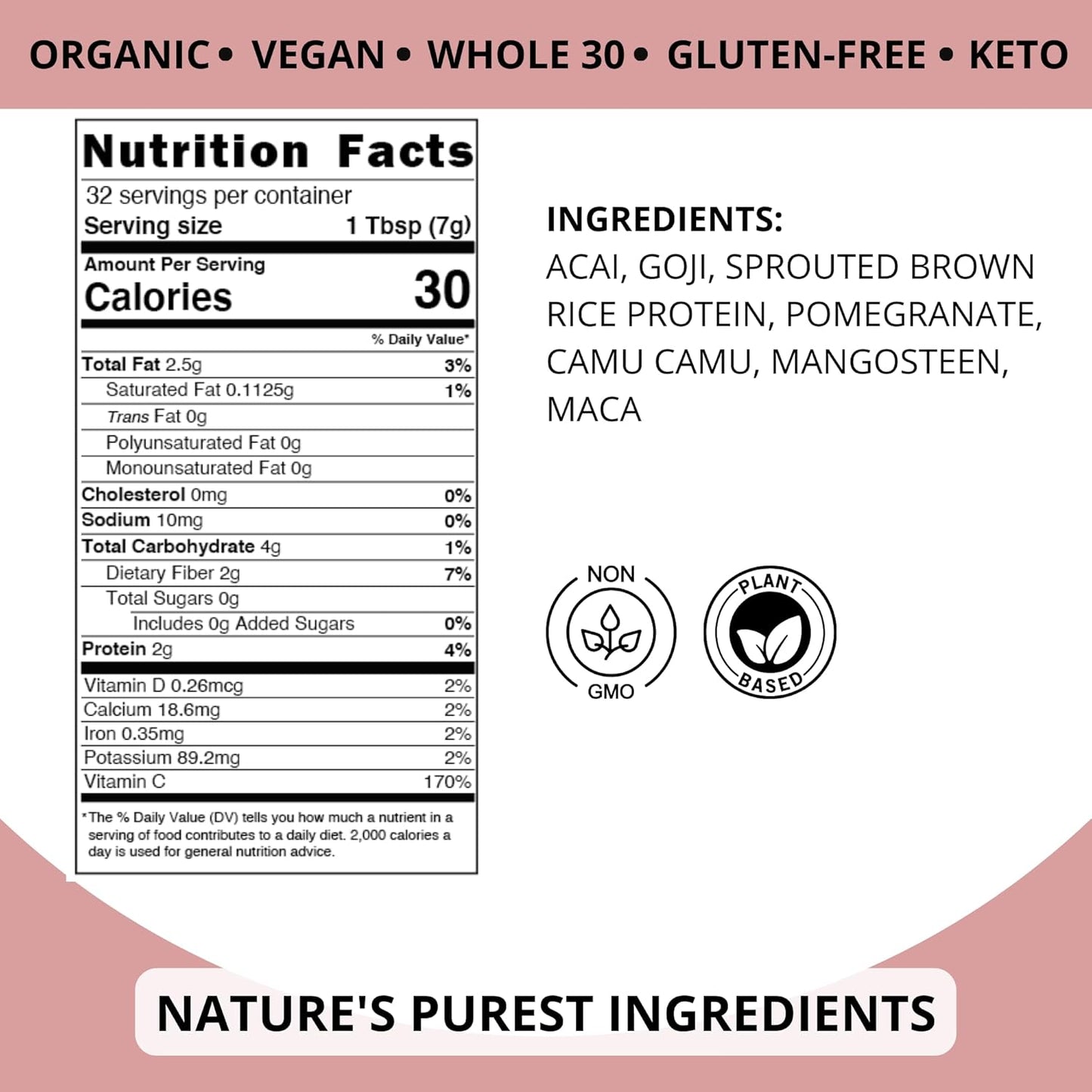 Organic Vegan Protein Powder with Rice Protein, Maca Root & Acai Berry - Dairy Free Superfood Blend Without Artificial Sweeteners