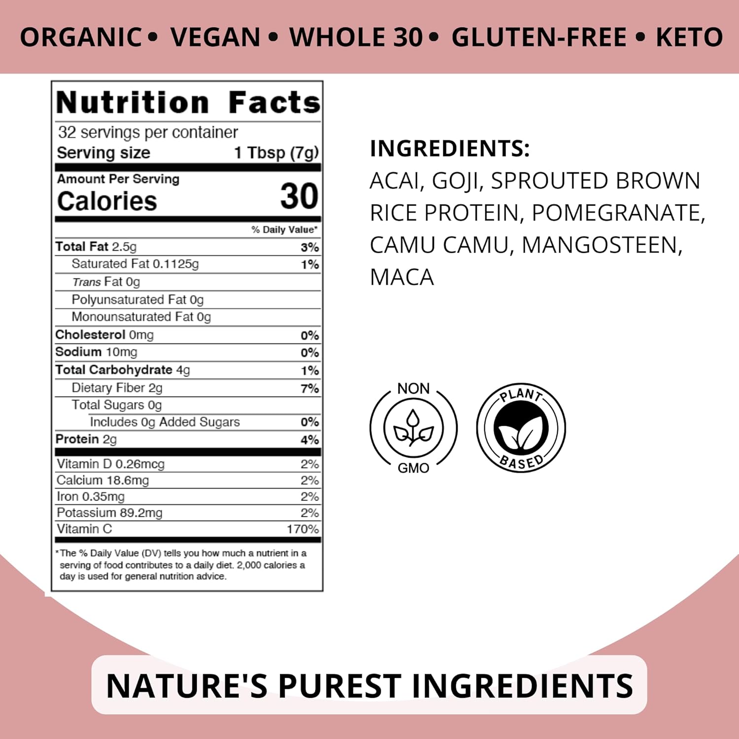 Organic Vegan Protein Powder with Rice Protein, Maca Root & Acai Berry - Dairy Free Superfood Blend Without Artificial Sweeteners