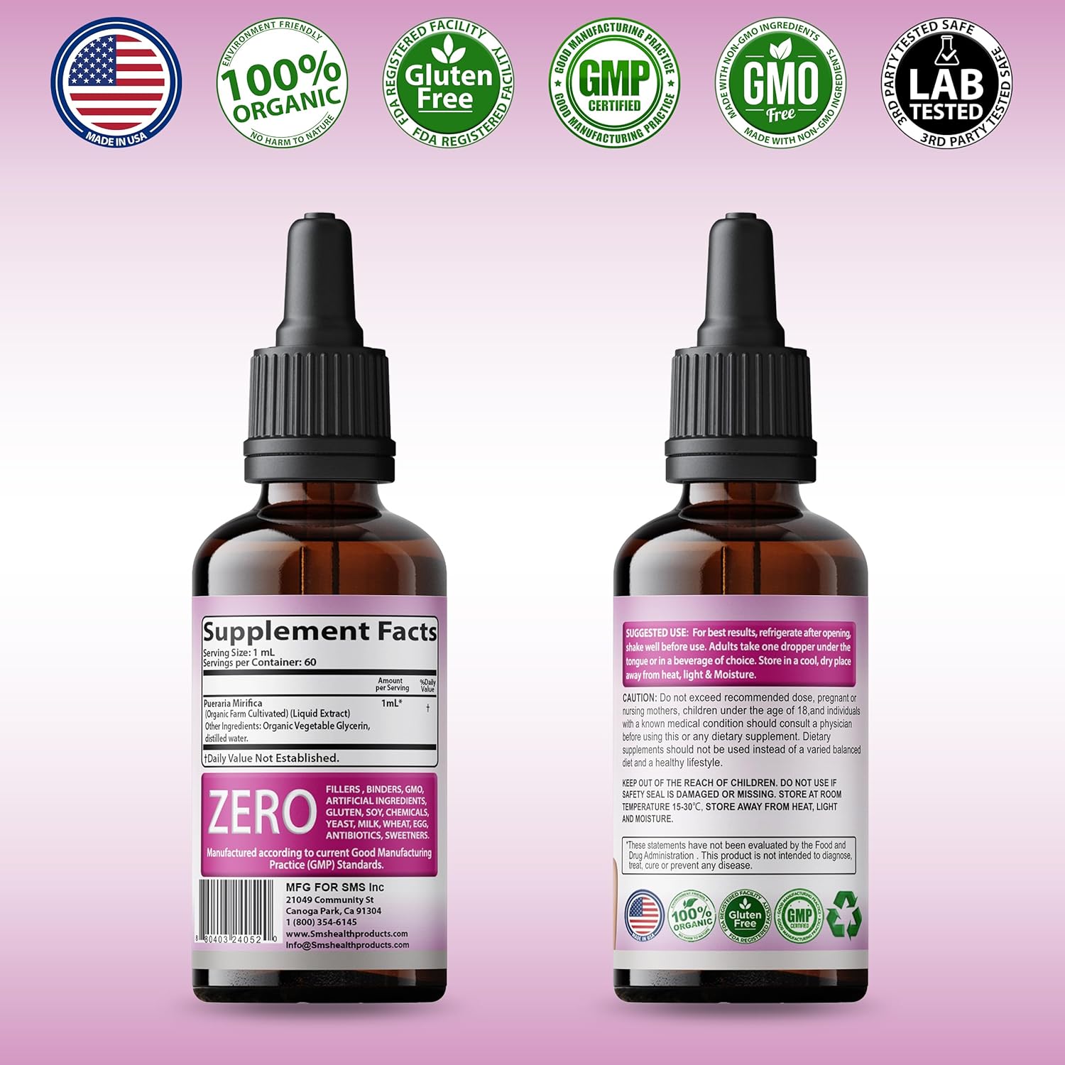 Organic Vegan Pueraria Mirifica Drops | Premium Herbal Liquid Extract | Non-GMO Alcohol-Free Tincture - 2 Fl Oz