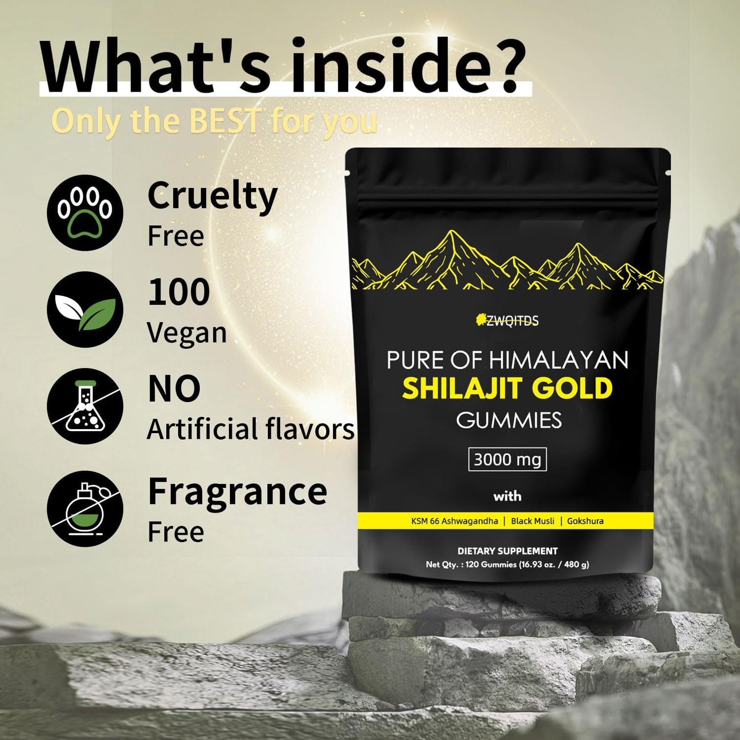 Organic Vegan Shilajit Gummies with Ashwagandha & Turmeric - Immunity Support for Men & Women - 120 Count