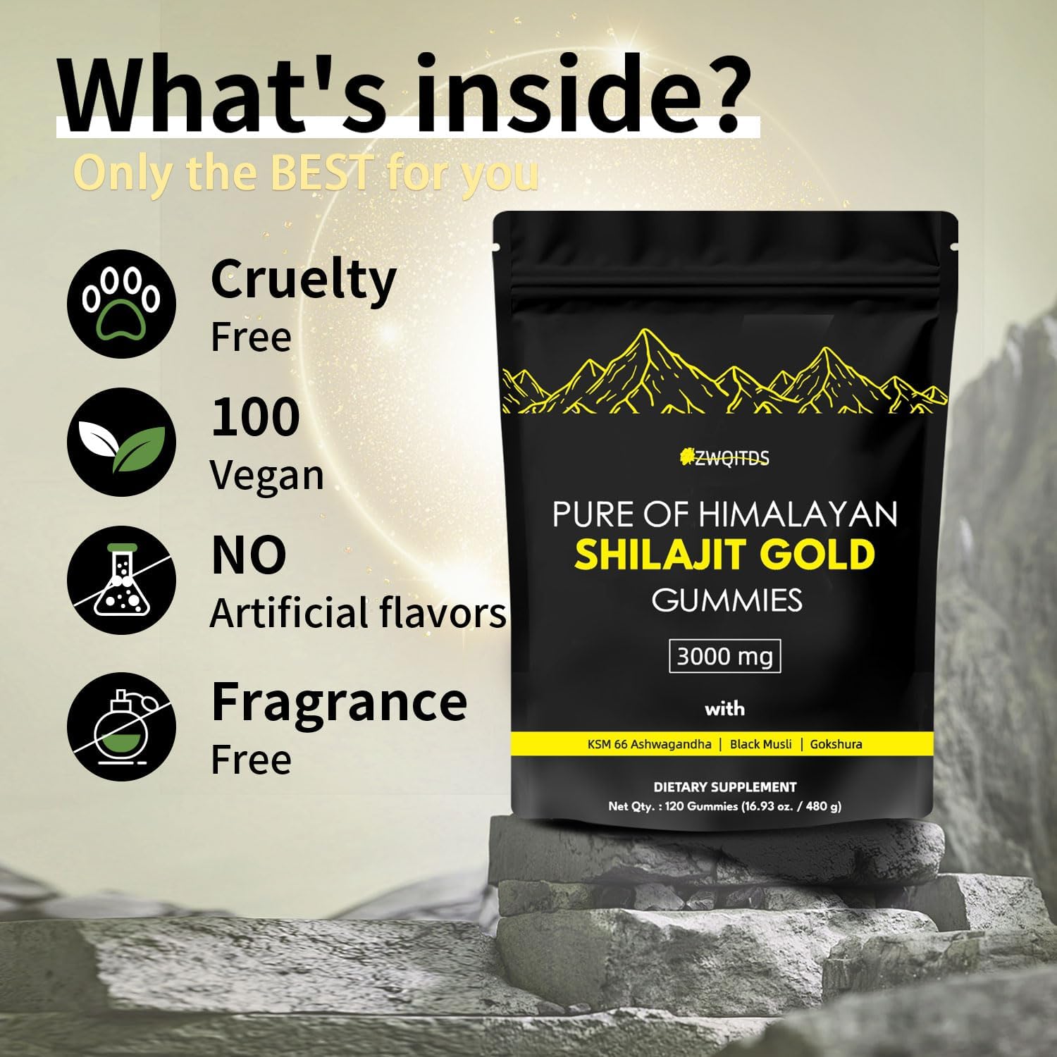 Organic Vegan Shilajit Gummies with Ashwagandha & Turmeric - Immunity Support for Men & Women - 120 Count