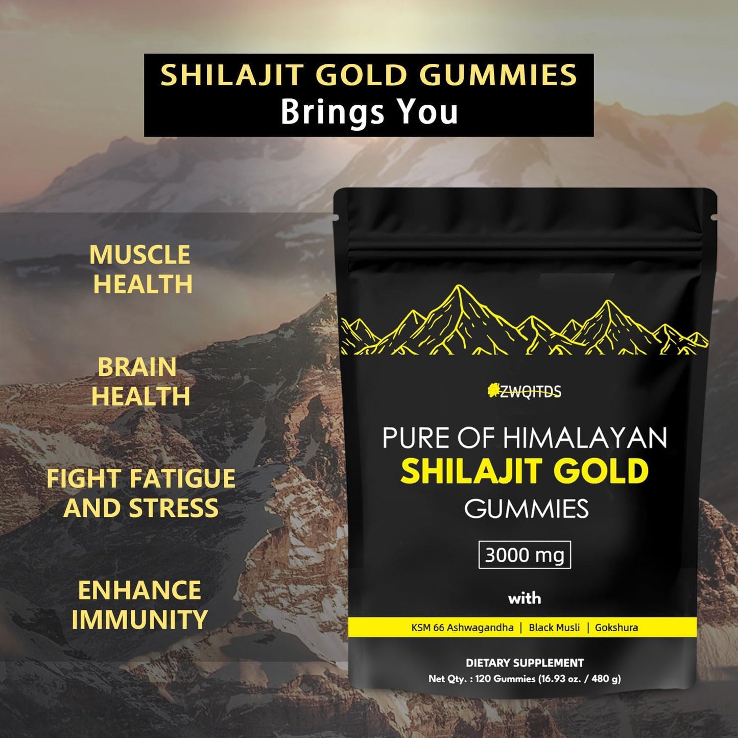 Organic Vegan Shilajit Gummies with Ashwagandha & Turmeric - Immunity Support for Men & Women - 120 Count