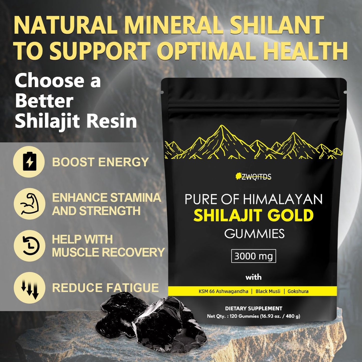 Organic Vegan Shilajit Gummies with Ashwagandha & Turmeric - Immunity Support for Men & Women - 120 Count