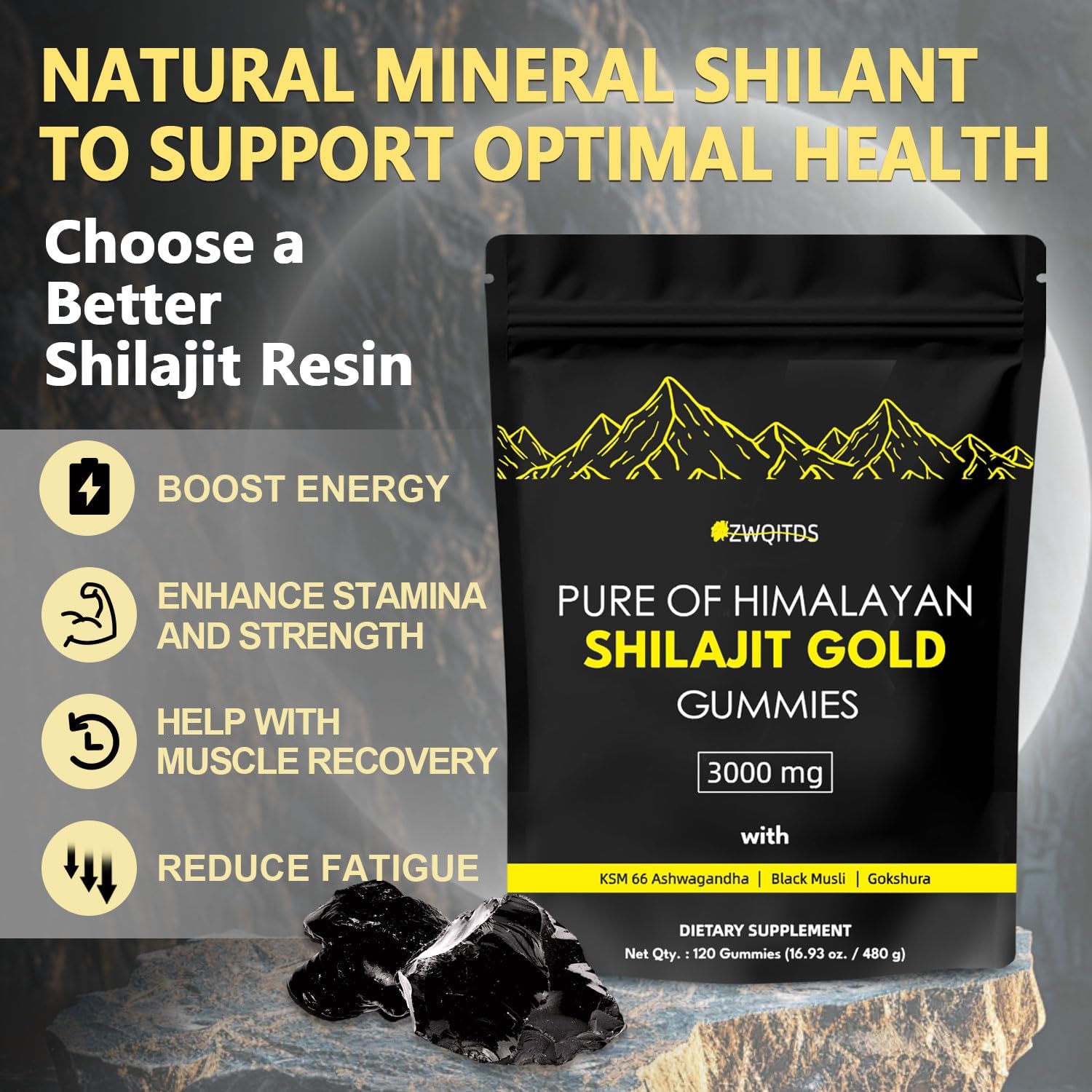 Organic Vegan Shilajit Gummies with Ashwagandha & Turmeric - Immunity Support for Men & Women - 120 Count