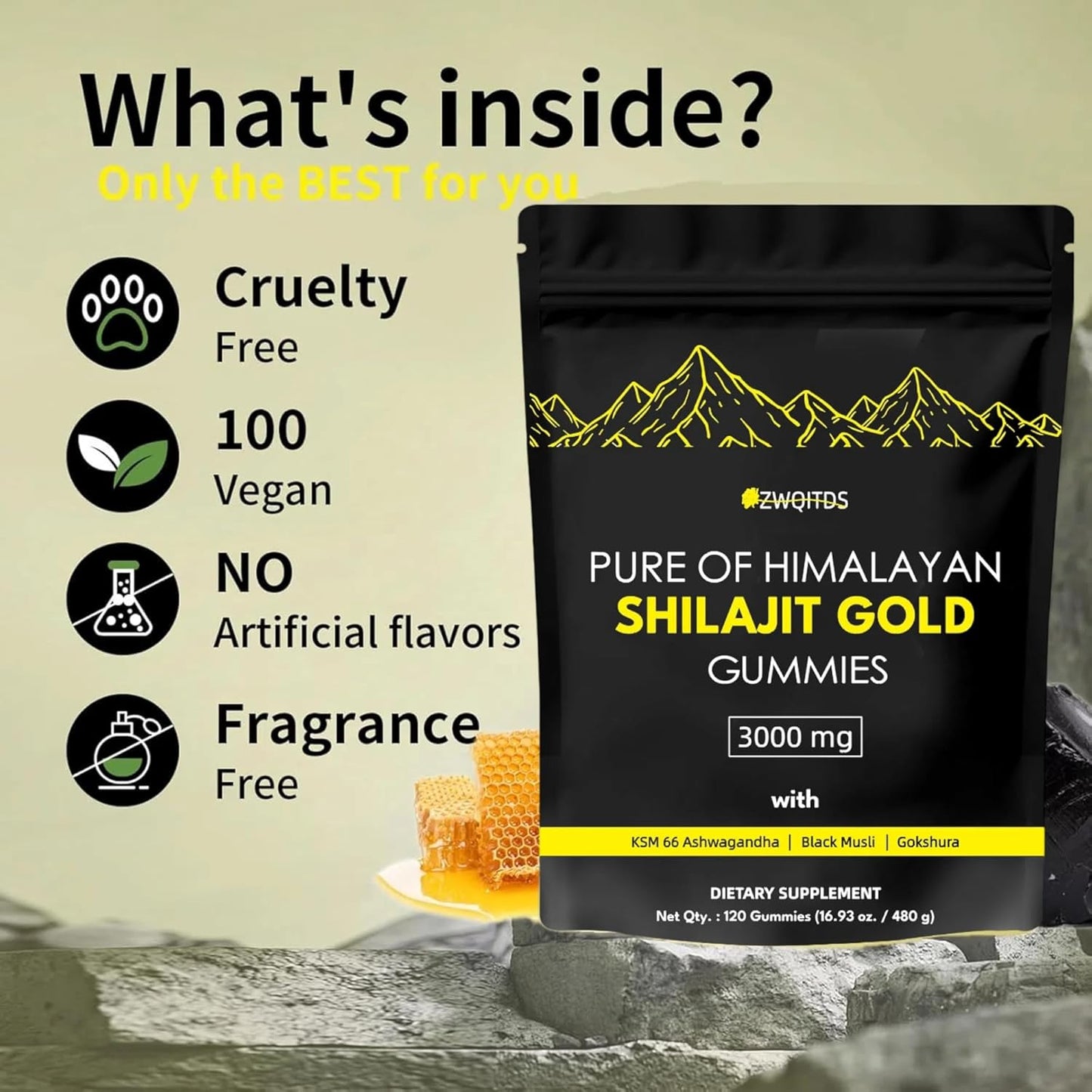 Organic Vegan Shilajit Gummies with Ashwagandha & Turmeric - Immunity Support for Men & Women - 120 Count