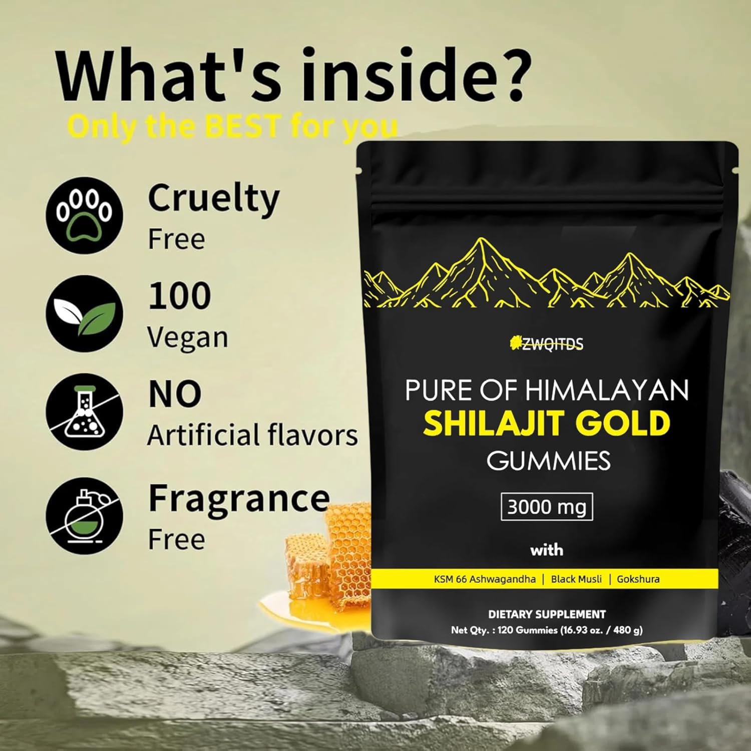 Organic Vegan Shilajit Gummies with Ashwagandha & Turmeric - Immunity Support for Men & Women - 120 Count