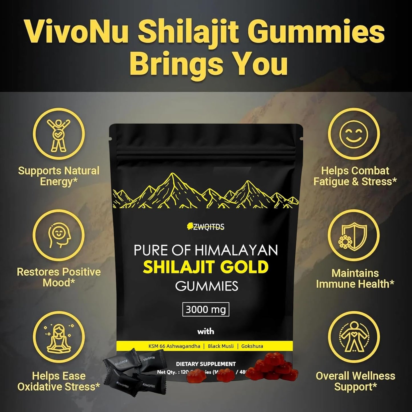 Organic Vegan Shilajit Gummies with Ashwagandha & Turmeric - Immunity Support for Men & Women - 120 Count