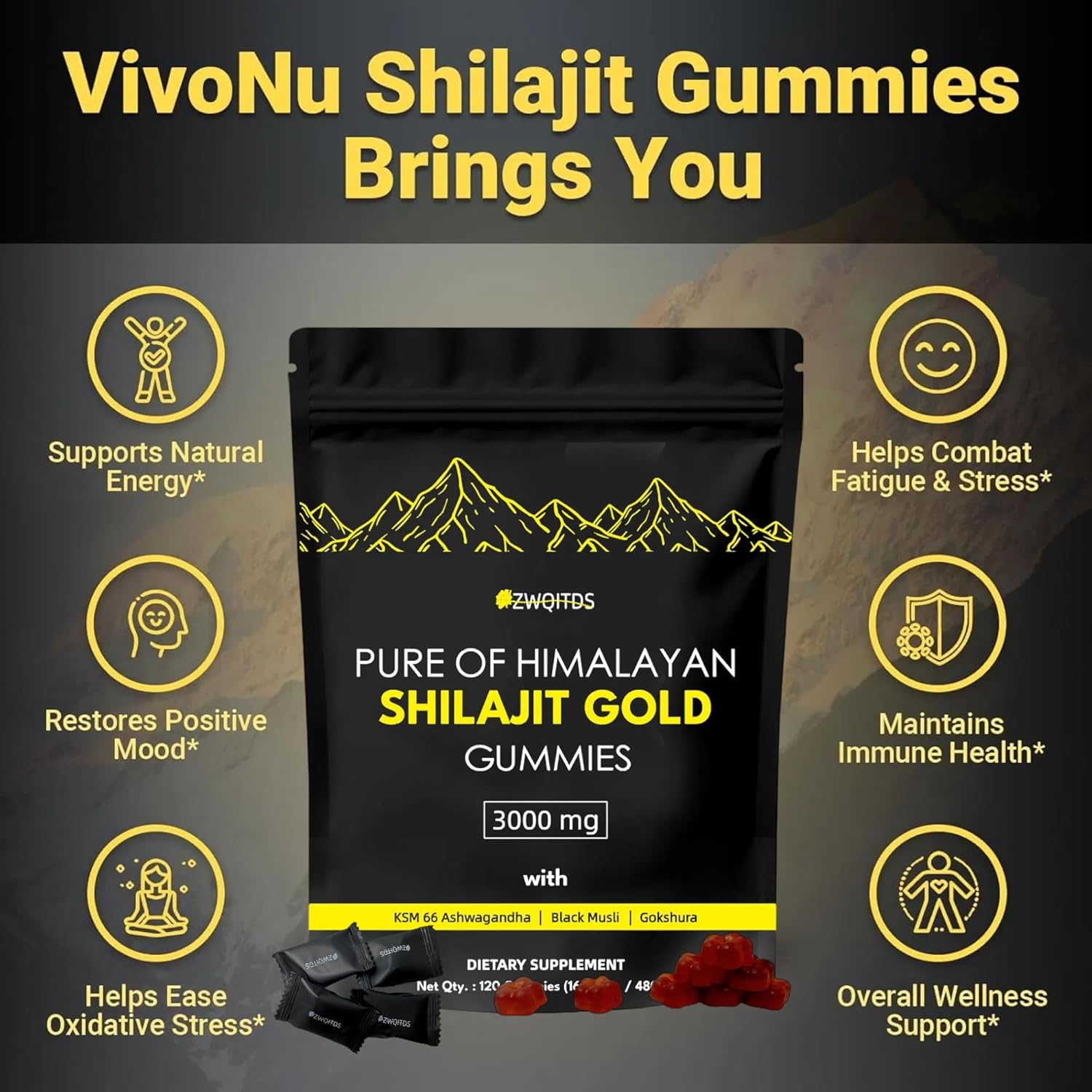 Organic Vegan Shilajit Gummies with Ashwagandha & Turmeric - Immunity Support for Men & Women - 120 Count