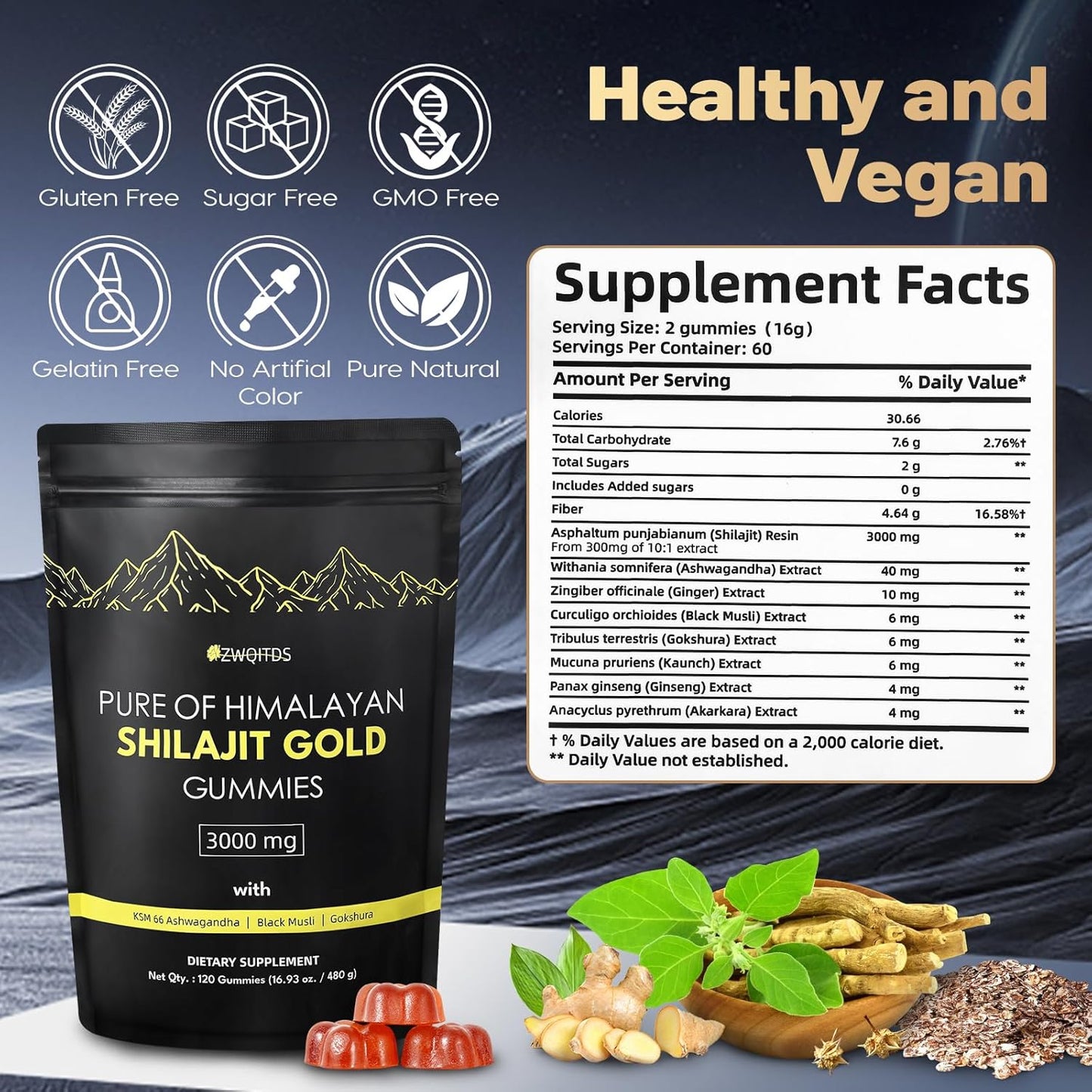 Organic Vegan Shilajit Gummies with Ashwagandha & Turmeric - Immunity Support for Men & Women - 120 Count