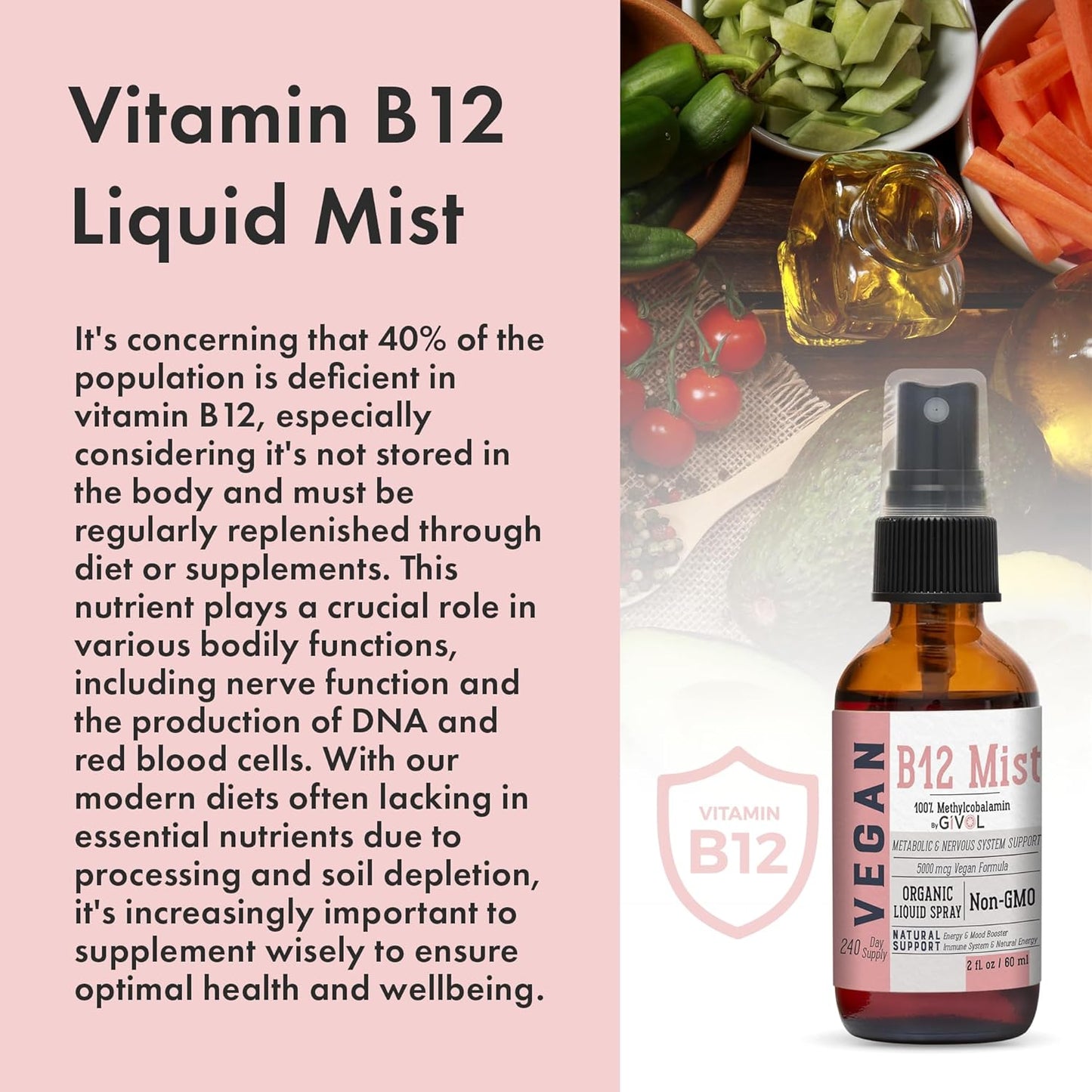 Organic Vegan Vitamin B12 Liquid Mist 5,000mcg Methylcobalamin - Quick Absorption, No Harsh Chemicals - Non-GMO, 240 Days Supply