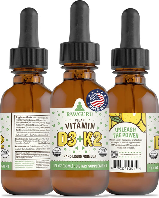Organic Vegan Vitamin D3 and K2 Tincture with Trace Minerals - Immune Support Supplement - Nano-Processed Antioxidant - 30 Servings - 30ml - Pack of 1