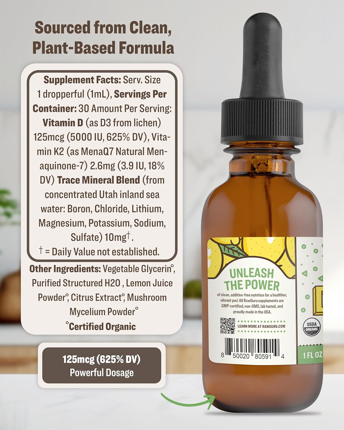 Organic Vegan Vitamin D3 and K2 Tincture with Trace Minerals - Immune Support Supplement - Nano-Processed Antioxidant - 30 Servings - 30ml - Pack of 1