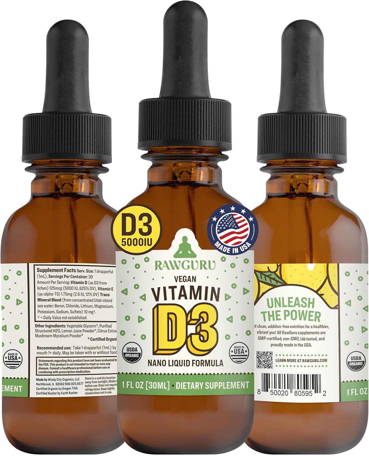 Organic Vegan Vitamin D3 Complex with Trace Minerals - Immunity & Cognitive Support Tincture - 30 Servings, 30ml