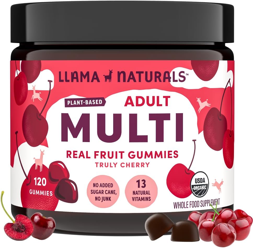 Organic Vegan Whole Food Multivitamin Gummies for Adults - Llama Naturals Cherry Gummy Vitamins - 120 ct, Sugar-Free