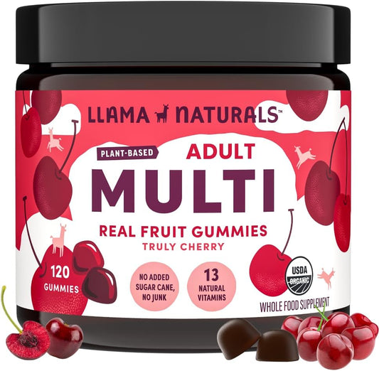 Organic Vegan Whole Food Multivitamin Gummies for Adults - Llama Naturals Cherry Gummy Vitamins - 120 ct, Sugar-Free