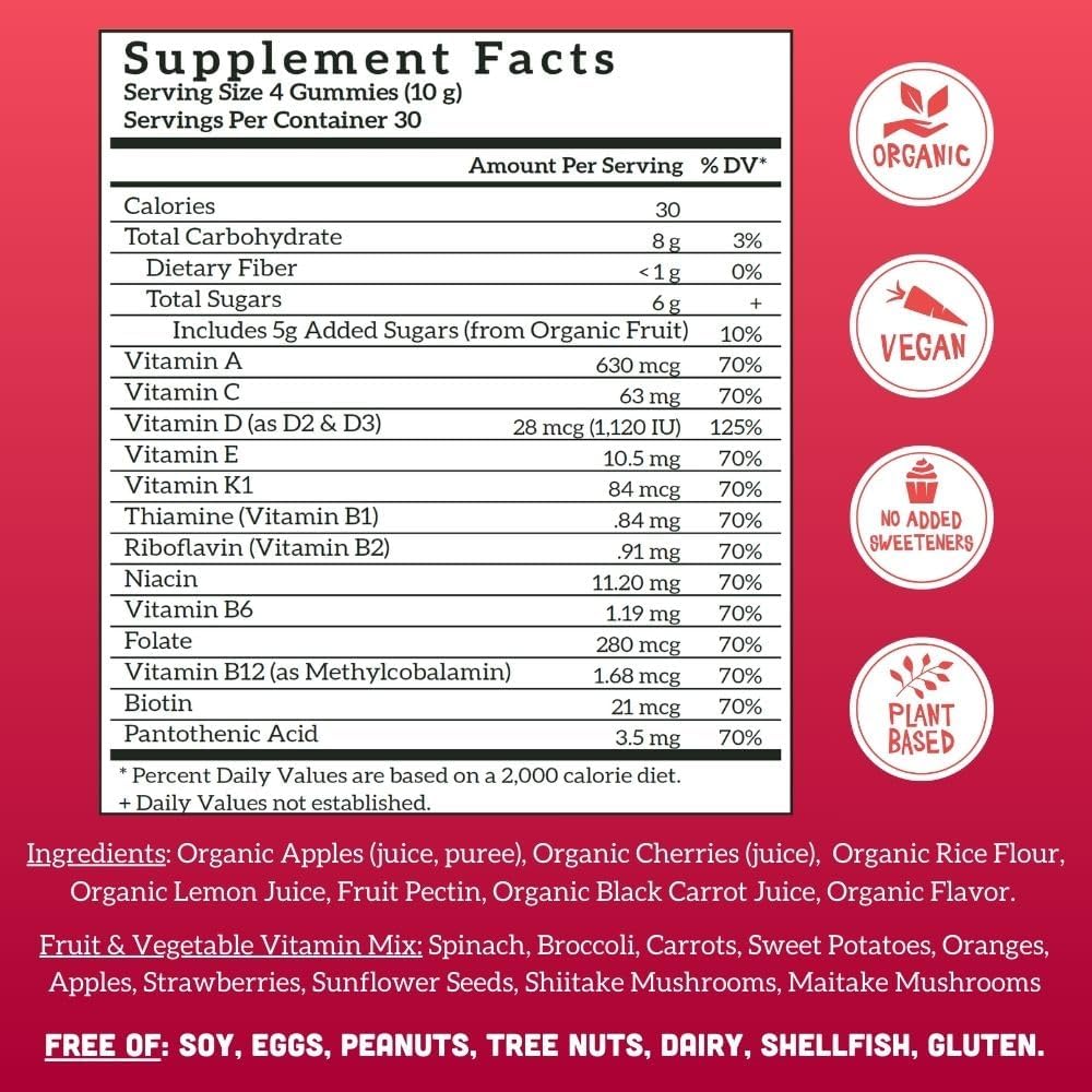 Organic Vegan Whole Food Multivitamin Gummies for Adults - Llama Naturals Cherry Gummy Vitamins - 120 ct, Sugar-Free