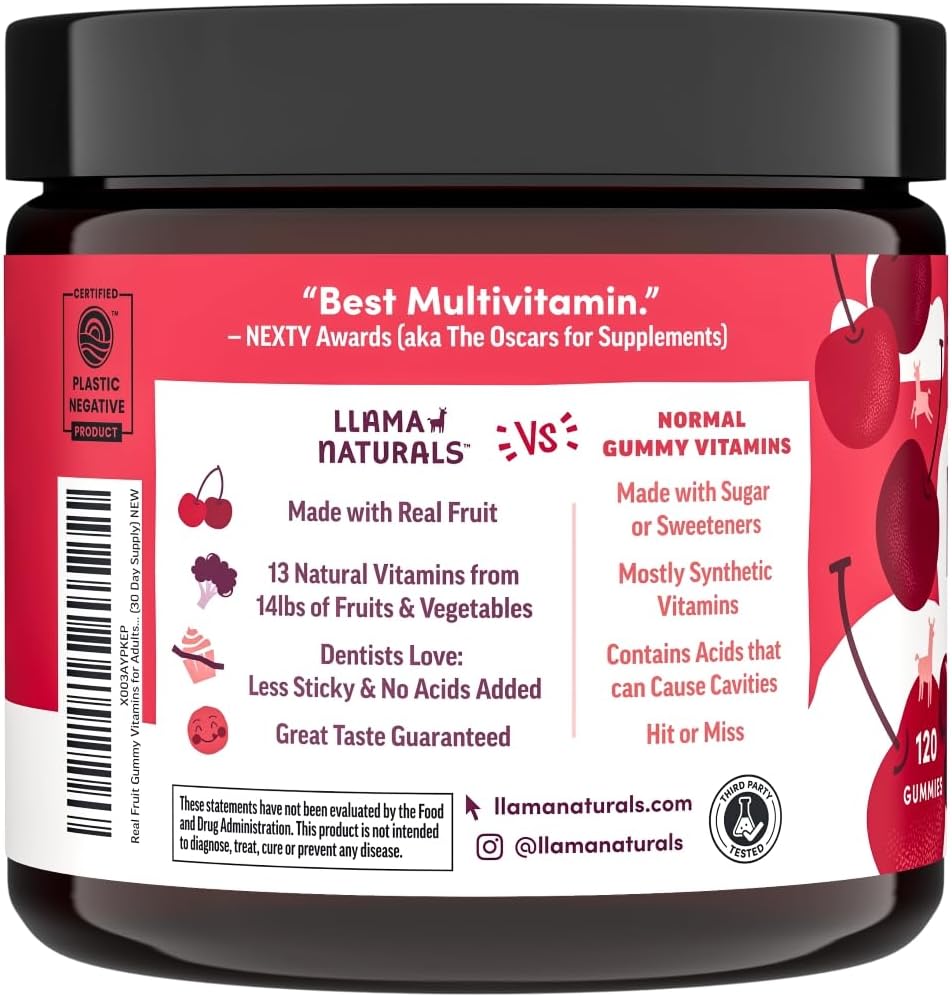 Organic Vegan Whole Food Multivitamin Gummies for Adults - Llama Naturals Cherry Gummy Vitamins - 120 ct, Sugar-Free