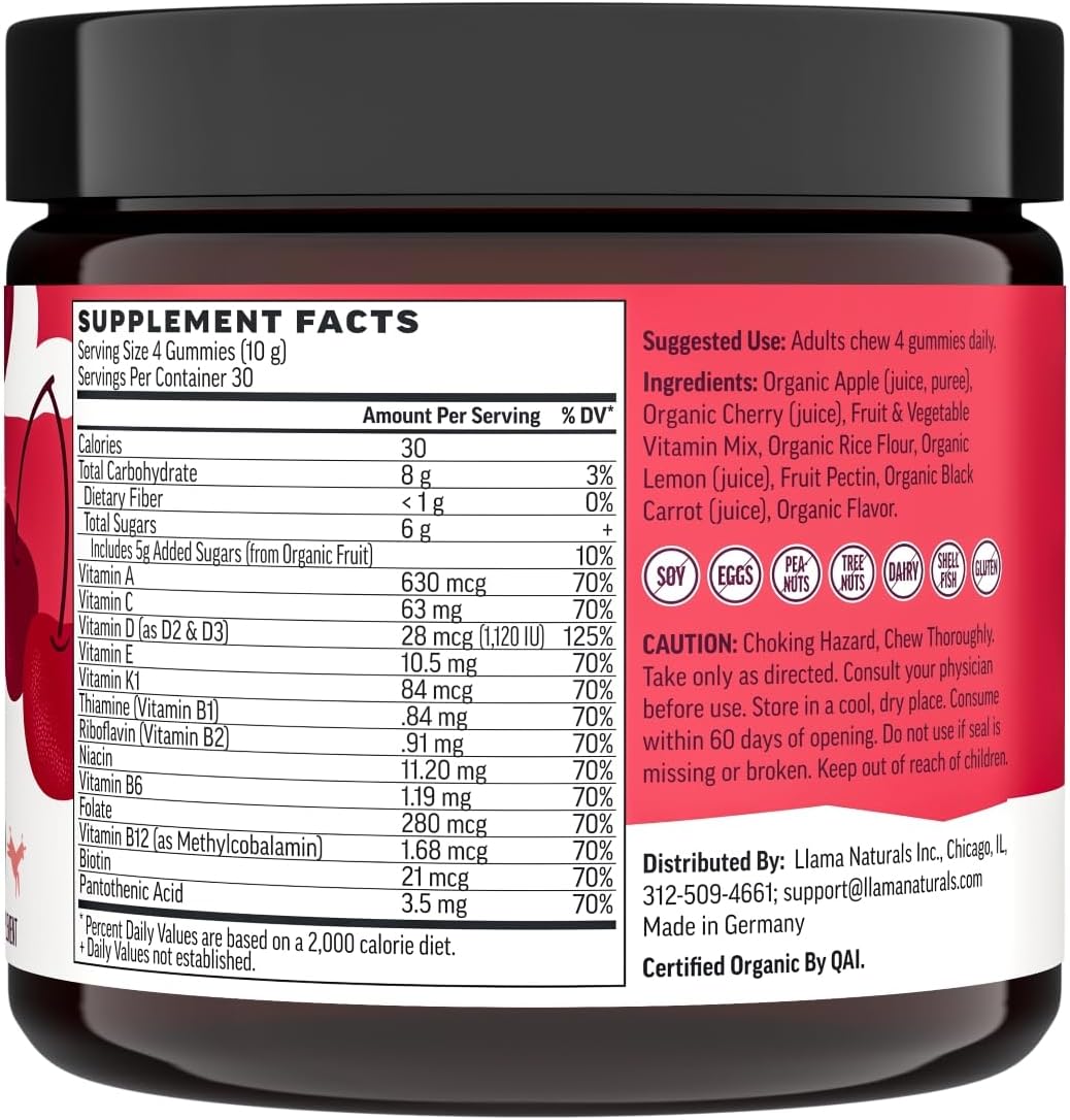 Organic Vegan Whole Food Multivitamin Gummies for Adults - Llama Naturals Cherry Gummy Vitamins - 120 ct, Sugar-Free