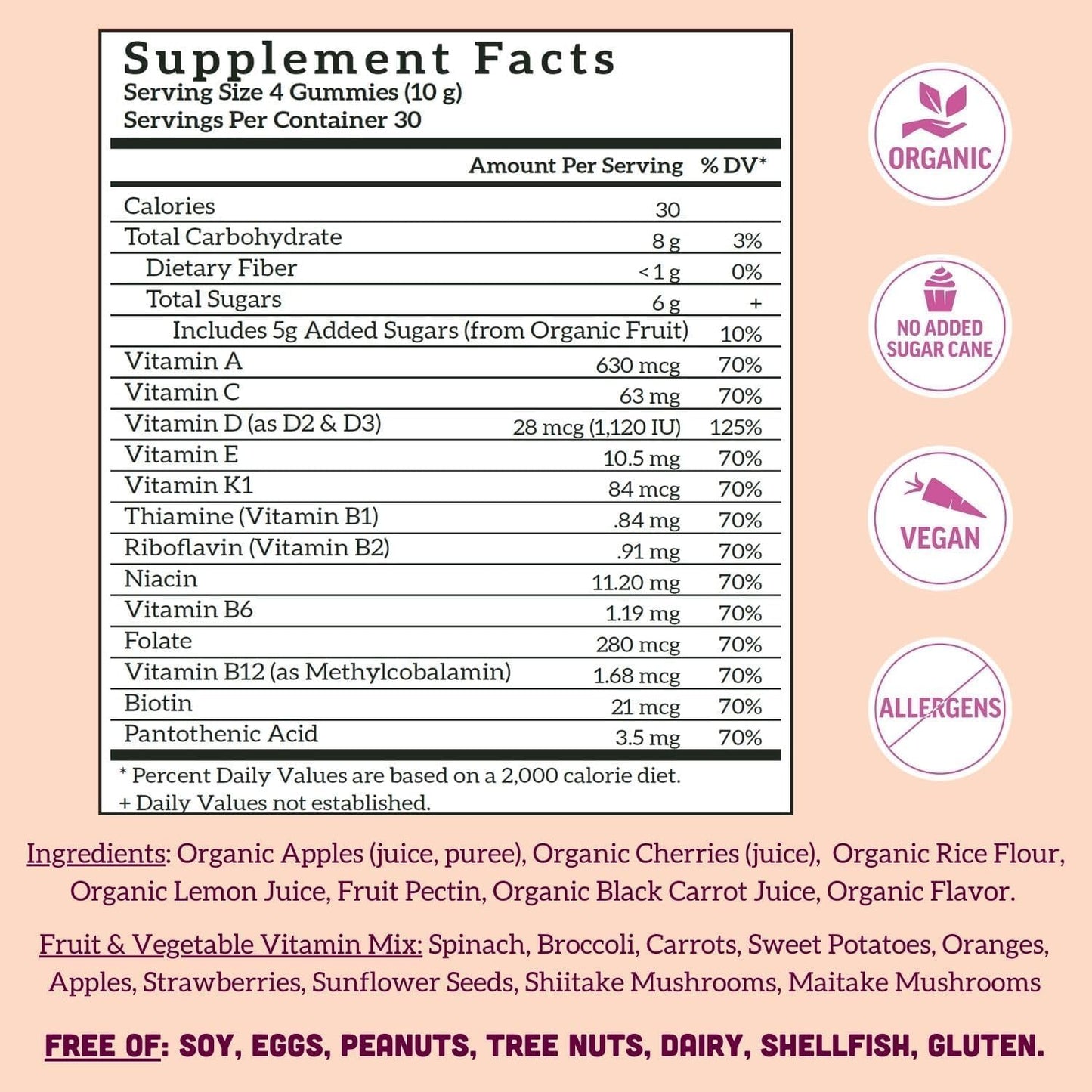 Organic Vegan Women's Multivitamin Gummies - Real Fruit, No Added Sugar - 120 ct Chewables - Cherry Flavor