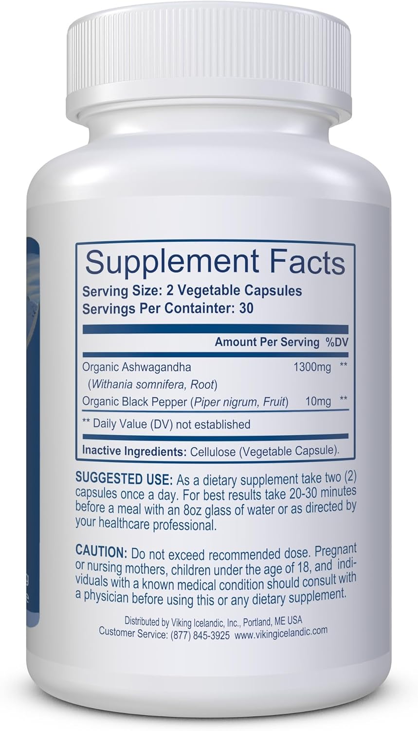 Organic Viking Ashwagandha Capsules with Black Pepper Extract - 60 Vegan Capsules for Stress, Mood & Energy Boost