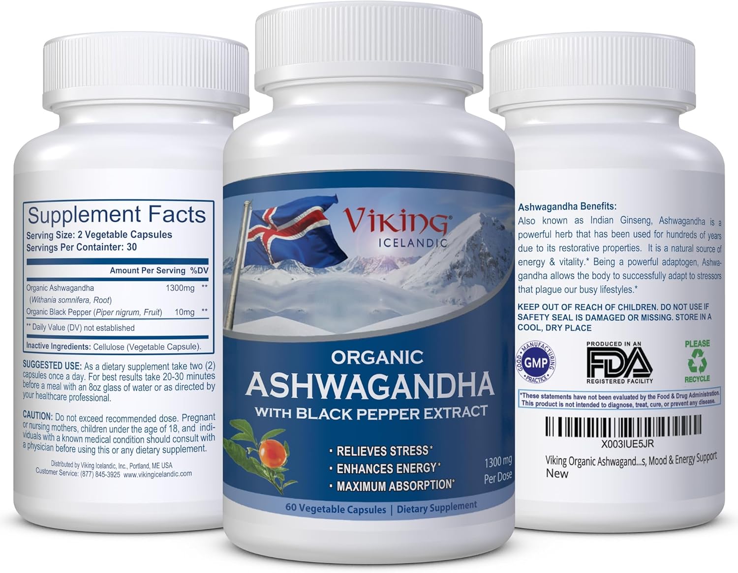 Organic Viking Ashwagandha Capsules with Black Pepper Extract - 60 Vegan Capsules for Stress, Mood & Energy Boost