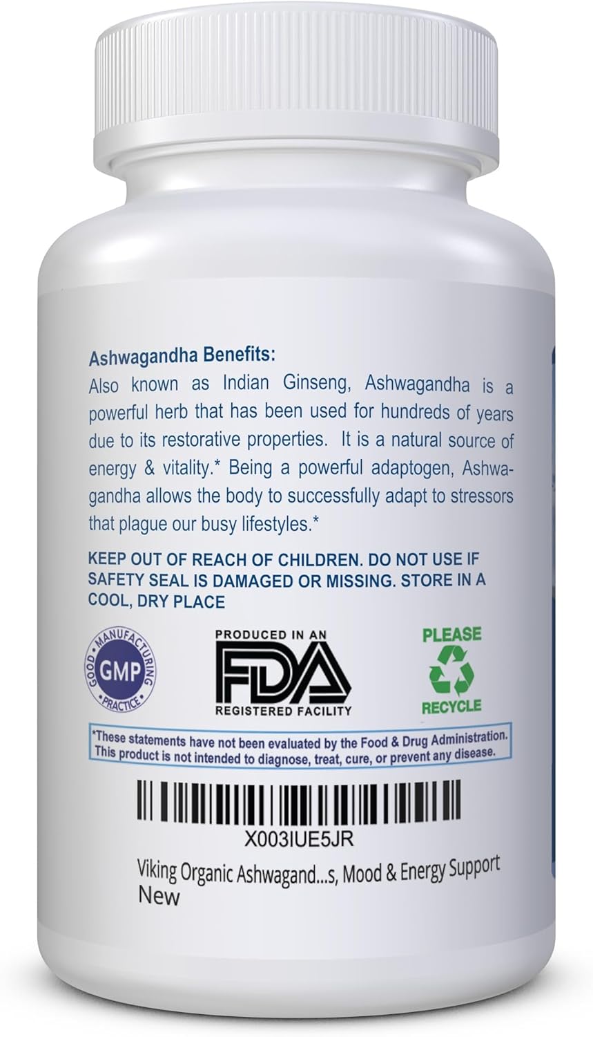 Organic Viking Ashwagandha Capsules with Black Pepper Extract - 60 Vegan Capsules for Stress, Mood & Energy Boost