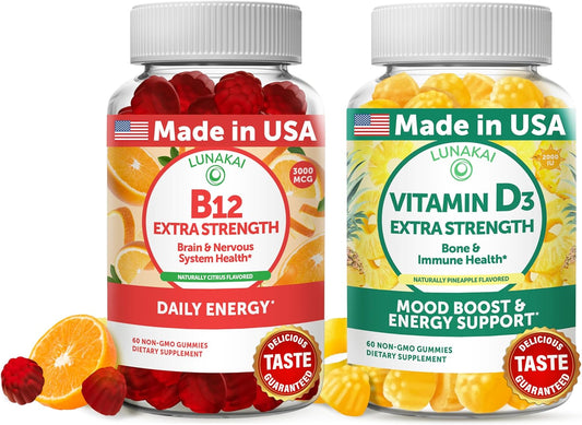 Organic Vitamin B12 and D3 Gummies Bundle - High Potency, Gluten Free, Non-GMO - Plant Based Formula with 3000 mcg B12 and 25 mcg VIT D3