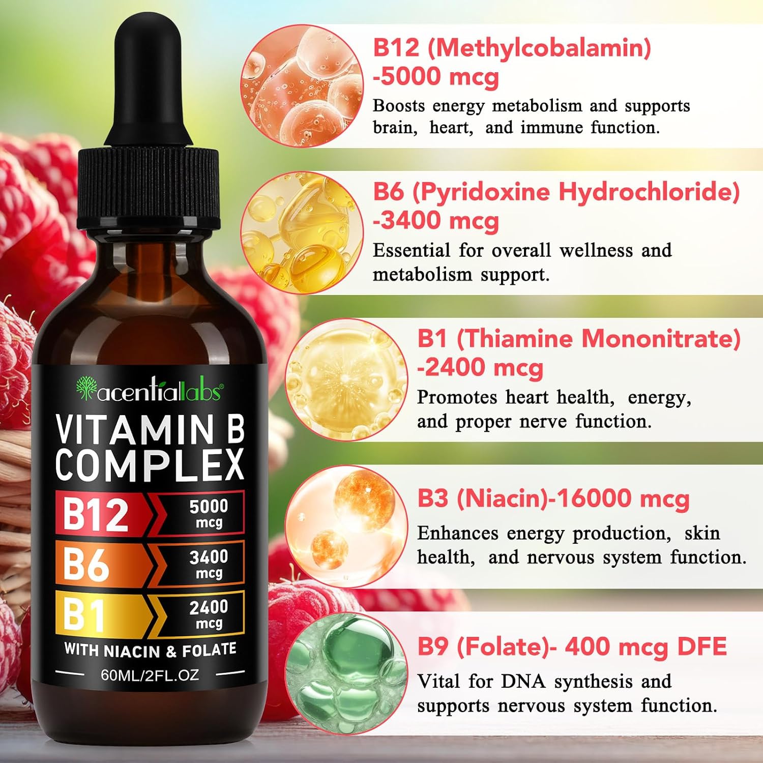 Organic Vitamin B12 Sublingual Drops with B-Complex and Pantothenic Acid - Vegan 5000 mcg Liquid B12 Methylcobalamin Drops for Energy Support
