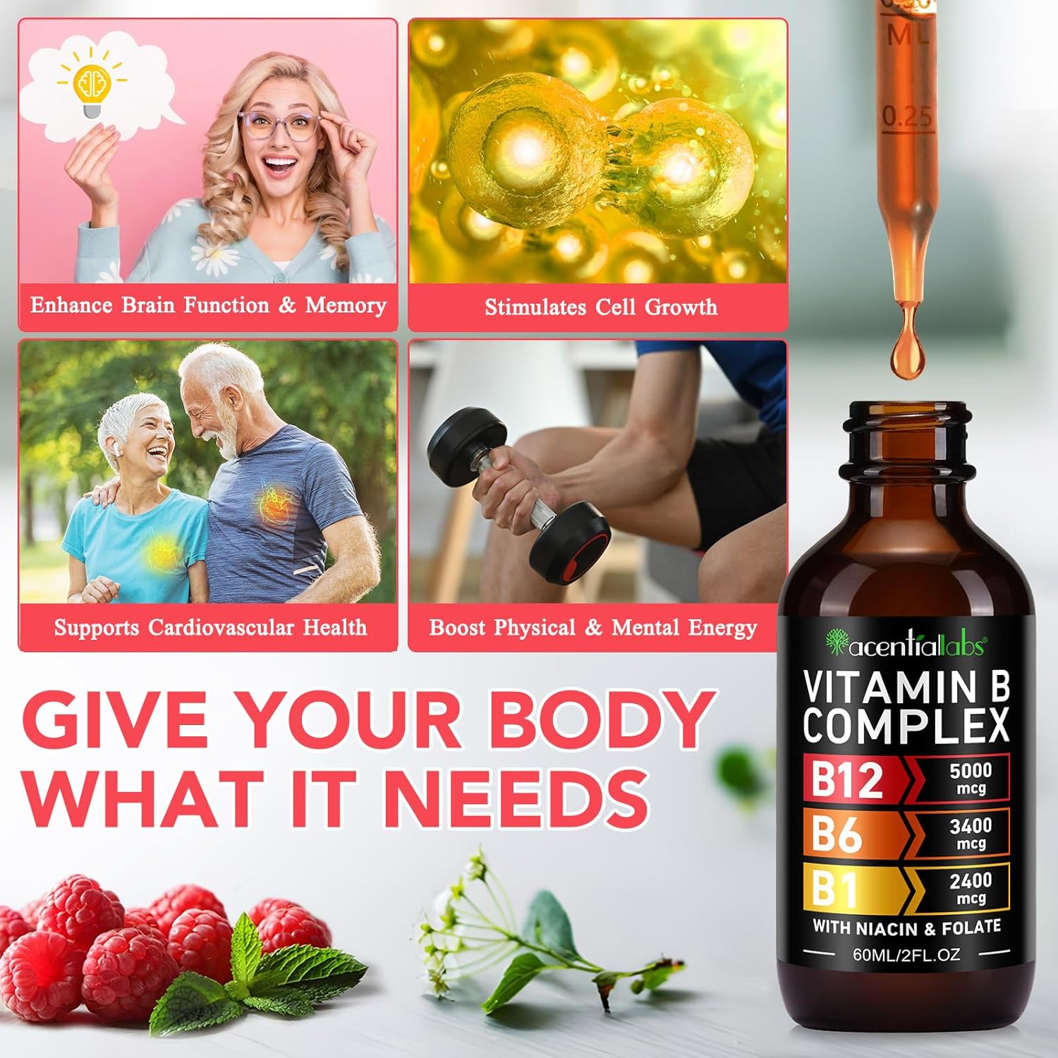 Organic Vitamin B12 Sublingual Drops with B-Complex and Pantothenic Acid - Vegan 5000 mcg Liquid B12 Methylcobalamin Drops for Energy Support