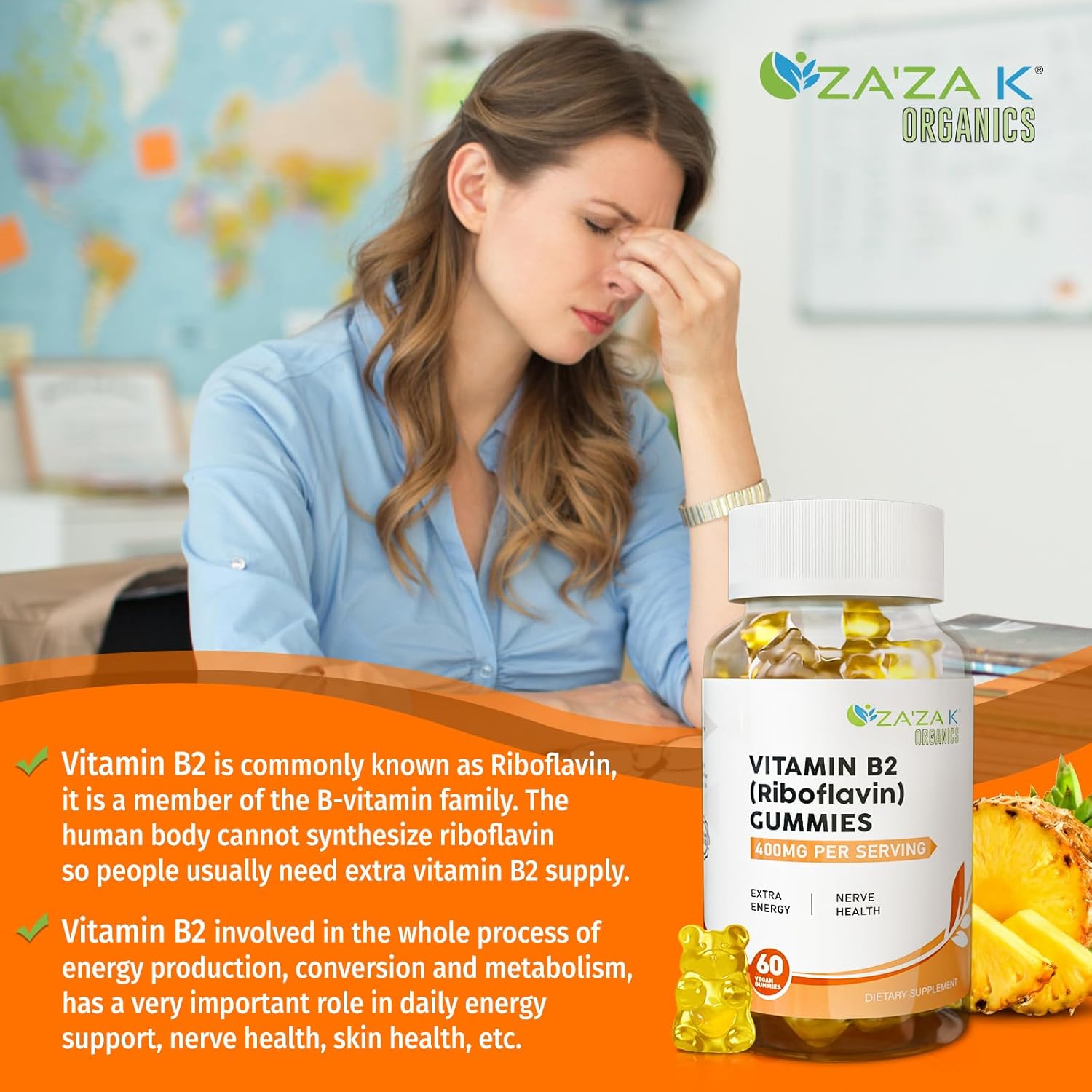 Organic Vitamin B2 Gummies - 400mg Riboflavin Supplements for Kids & Adults - Vegan Energy & Nerve Support - 60 Gummies